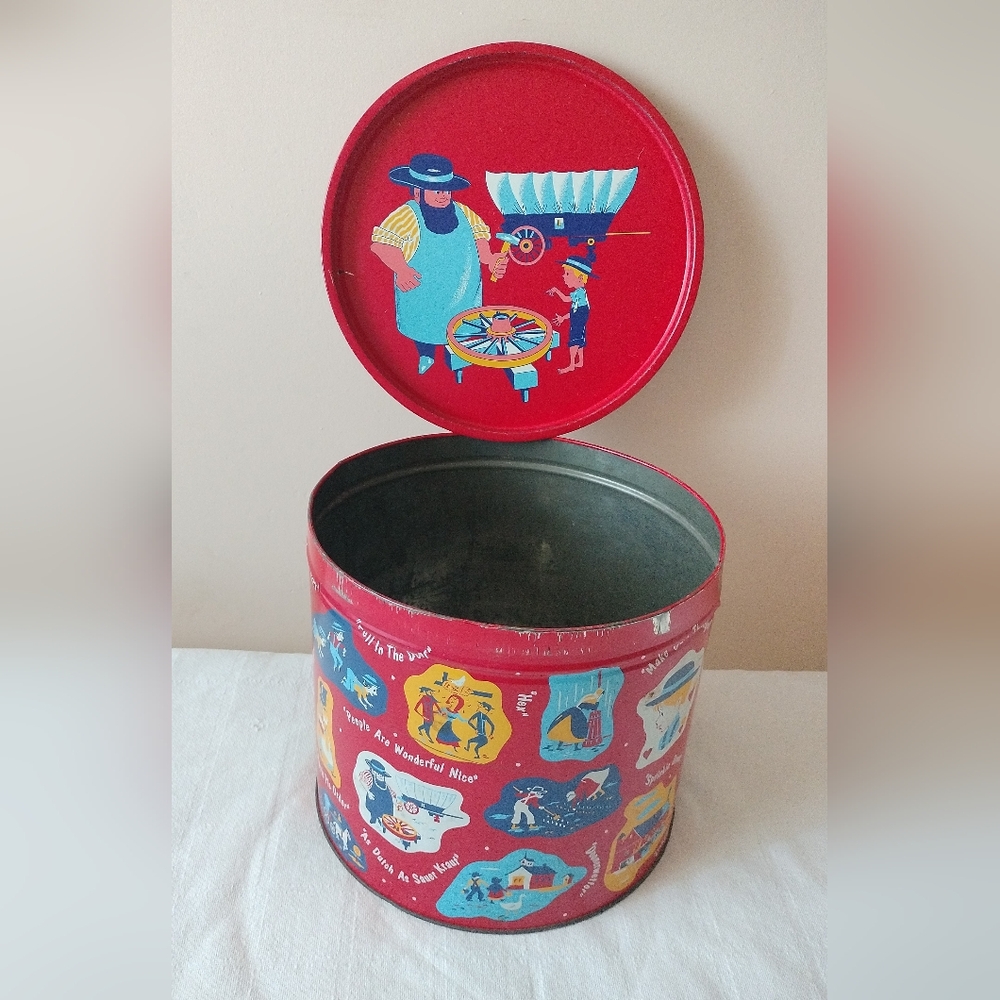 Vintage Pennsylvania Dutch pretzel tin w/ Amish sayings graphics d 12.25" h10.5"